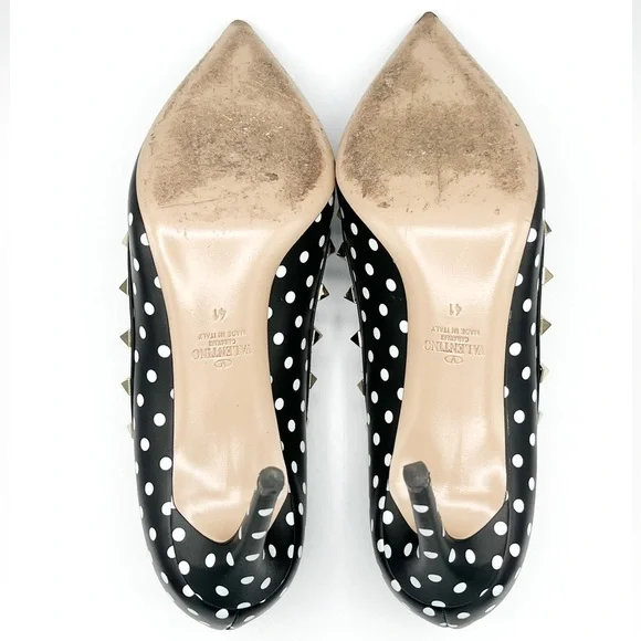 Valentino Rockstud Studded Polkadot Pointed Toe Black Leather Pump Heels - Picture 5 of 5